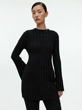ARKET Ribbed Bouclé Jumper Longline Sweater Tunic Bell Sleeve Black M